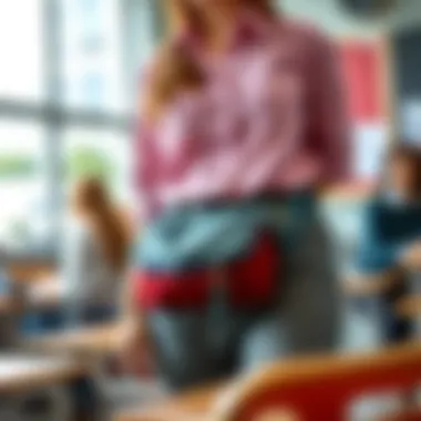 Stylish fanny pack worn by a teacher in a classroom setting