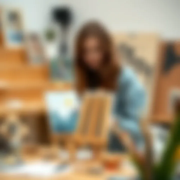 Artist demonstrating creative techniques using mini easel