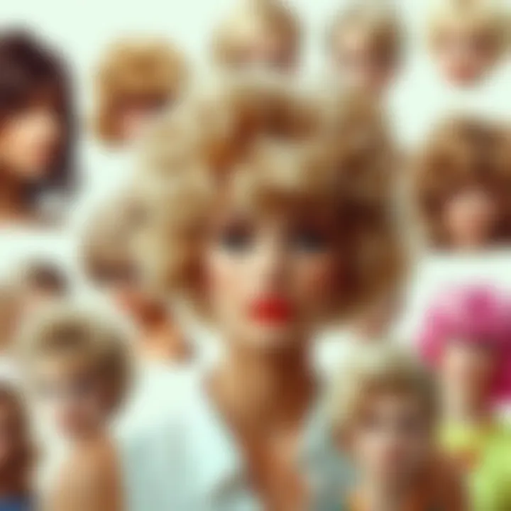 A collage of iconic 80s hairstyles and wigs from popular culture.