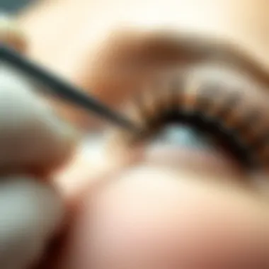 Close-up of eyelash extension application technique