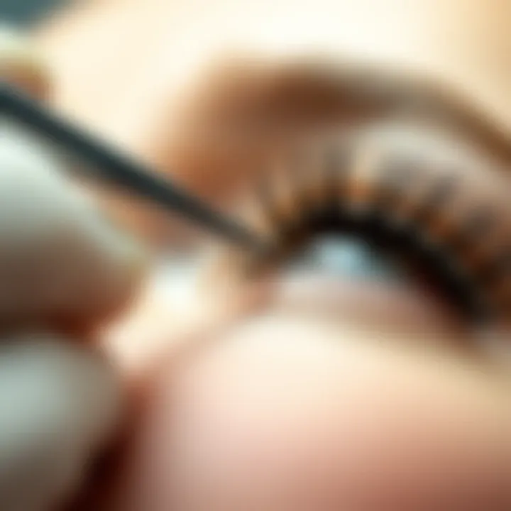 Close-up of eyelash extension application technique