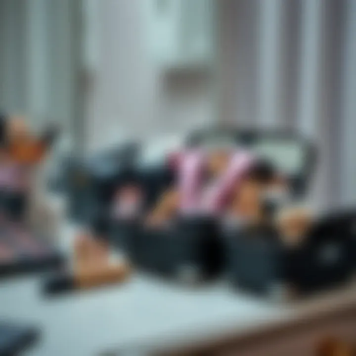 Aesthetic arrangement of travel makeup organizers on a vanity