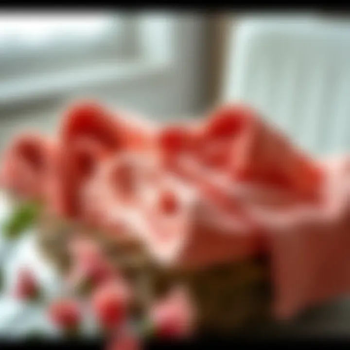 Neatly Arranged Coral Washcloths in a Decorative Basket A collection of coral washcloths folded neatly in a decorative basket.