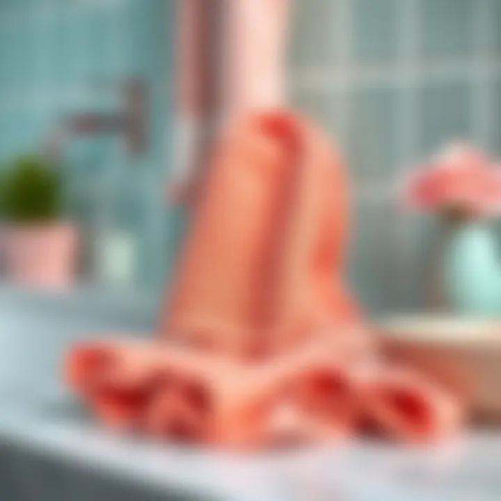 Coral Washcloths Complementing Pastel Accessories A vibrant coral washcloth displayed alongside pastel bath accessories.