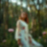 A serene woodland setting with a flowing dress accentuated by floral patterns.