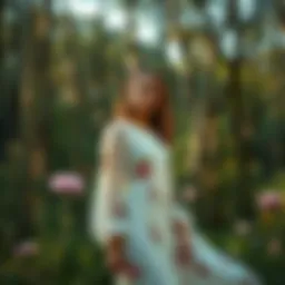 A serene woodland setting with a flowing dress accentuated by floral patterns.