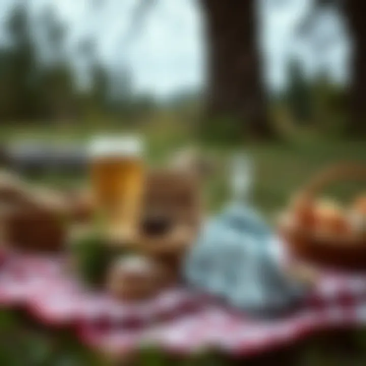 A vintage-inspired picnic setup featuring classic patterns and rustic elements.