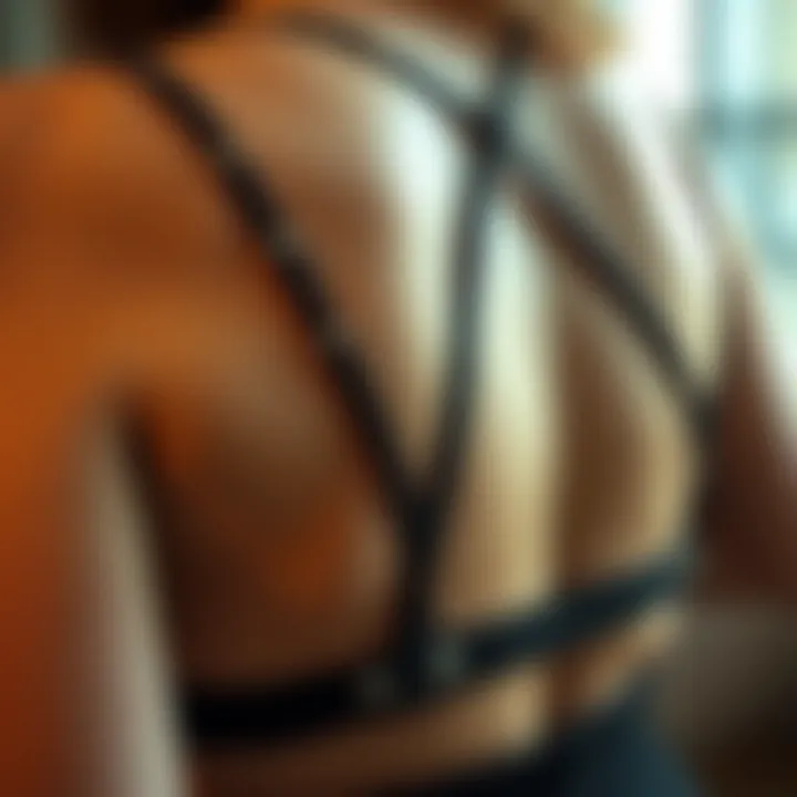 Close-up of materials used in criss cross back bra construction