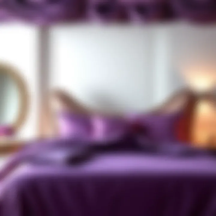 Elegant Bedroom with Purple Satin Decor Elegant bedroom featuring purple satin comforters and decor