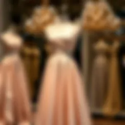 Elegant evening gown with a boat neckline showcased on a mannequin