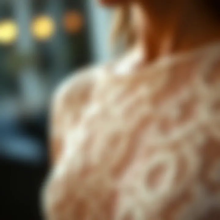 Intricate Lace Detailing Close-up of intricate lace detailing on a boat neck evening gown