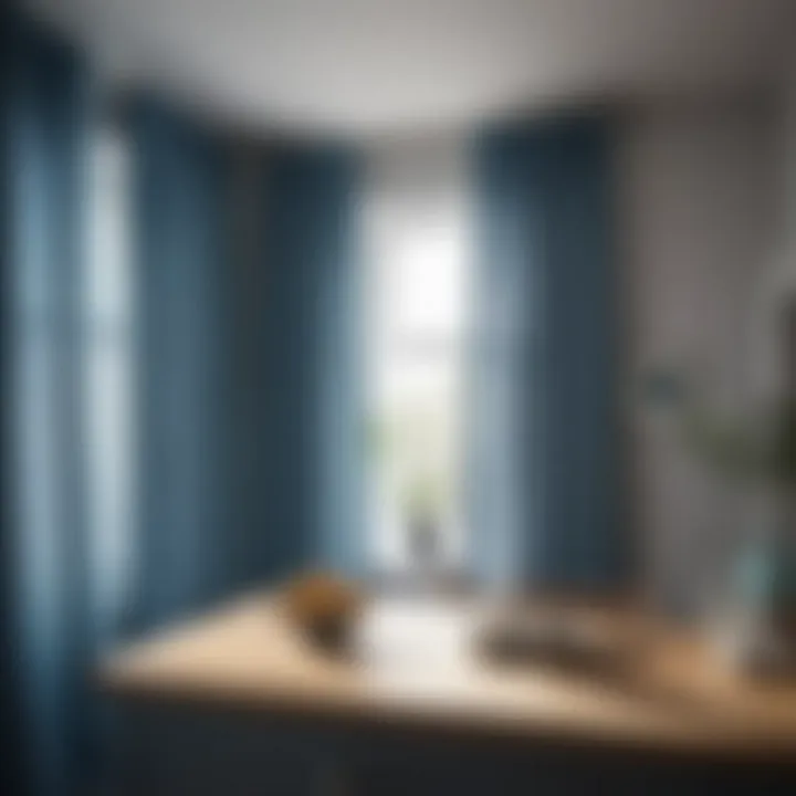 Bright kitchen with natural light filtered through blue and grey curtains