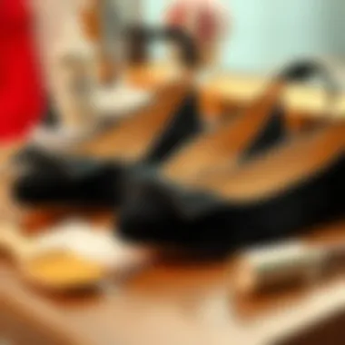 Care tips for maintaining black velvet flats displayed with cleaning tools