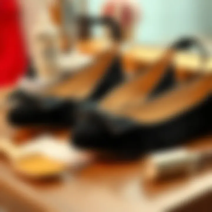 Care tips for maintaining black velvet flats displayed with cleaning tools