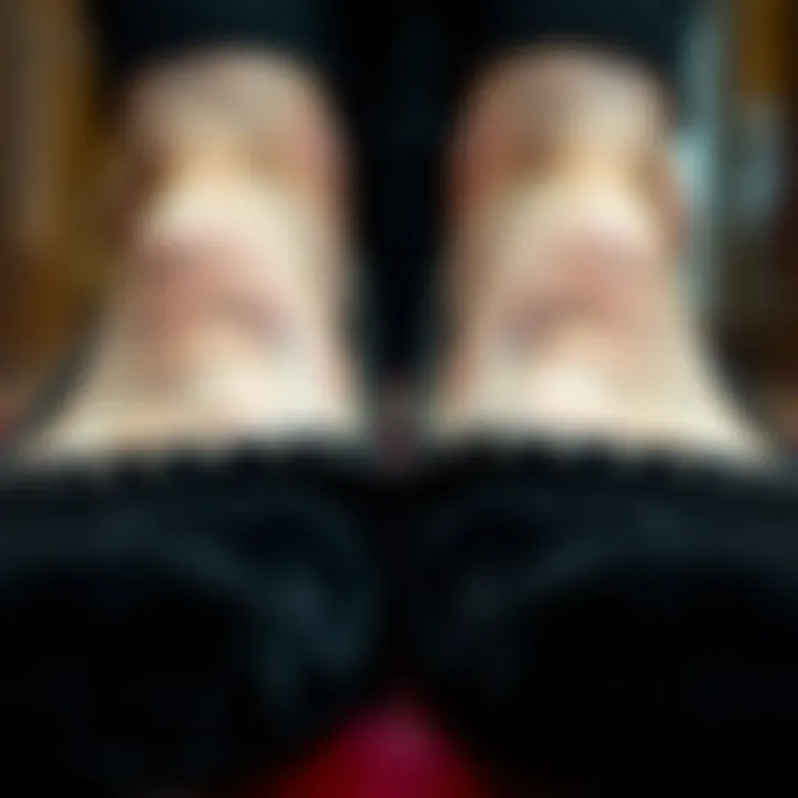 A close-up of the texture of black velvet in footwear