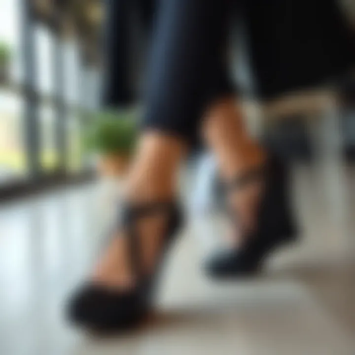 Stylish outfit featuring black wedge dress shoes in a trendy setting