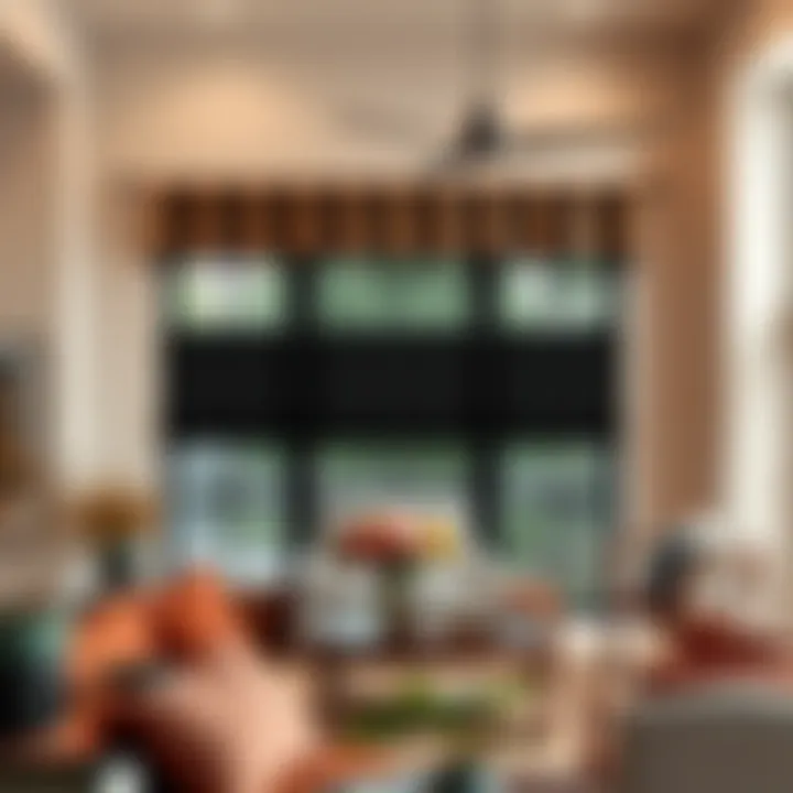 Elegant buffalo plaid valance paired with modern decor in a living room