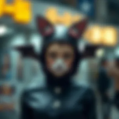 A whimsical outfit combining cat ears and bat symbols