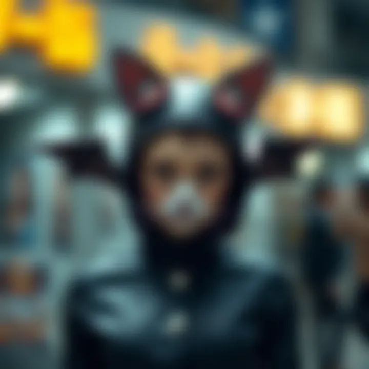 A whimsical outfit combining cat ears and bat symbols