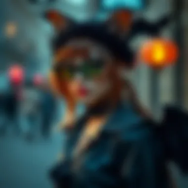 A stylish Halloween ensemble featuring cat and bat elements