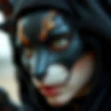 Close-up of intricate details on a cat-bat themed costume