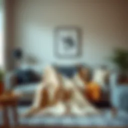 A cozy living room featuring a custom face blanket draped over a stylish sofa