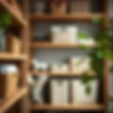 Wooden shelves filled with decorative storage bins