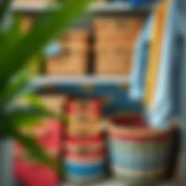 Colorful woven baskets arranged in an organized closet