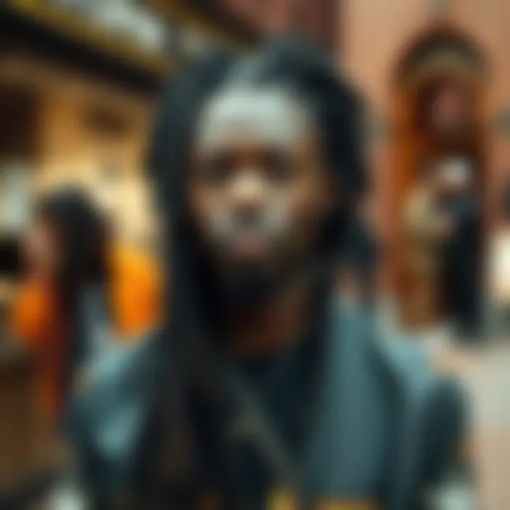 Stylish individual showcasing diverse hairstyles with 6-inch dread extensions in various settings.