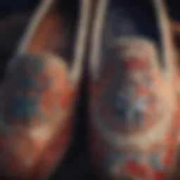 A close-up view of fabric sole slippers showcasing their intricate stitching.