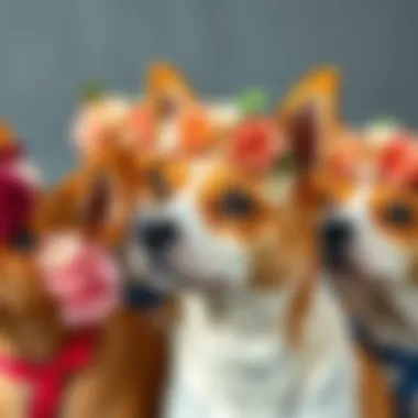 Close-up of various flower headbands for dogs showcasing different colors and designs