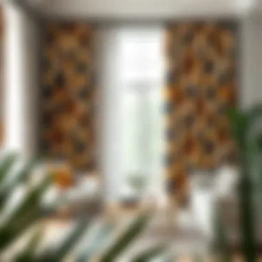 Diverse material options for graphic blackout curtains displayed in a chic interior setting