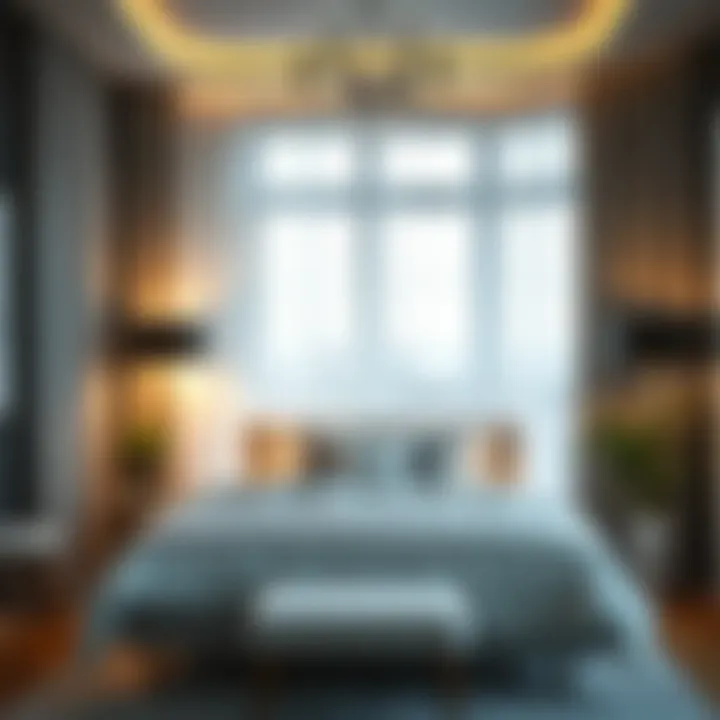 A stylish bedroom adorned with graphic blackout curtains, emphasizing elegance and functionality