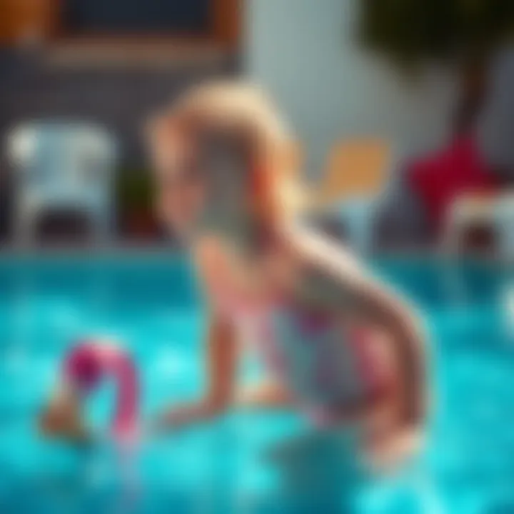 Infant in Flamingo Bathing Suit Playing by the Pool Infant wearing a flamingo bathing suit playing by the pool