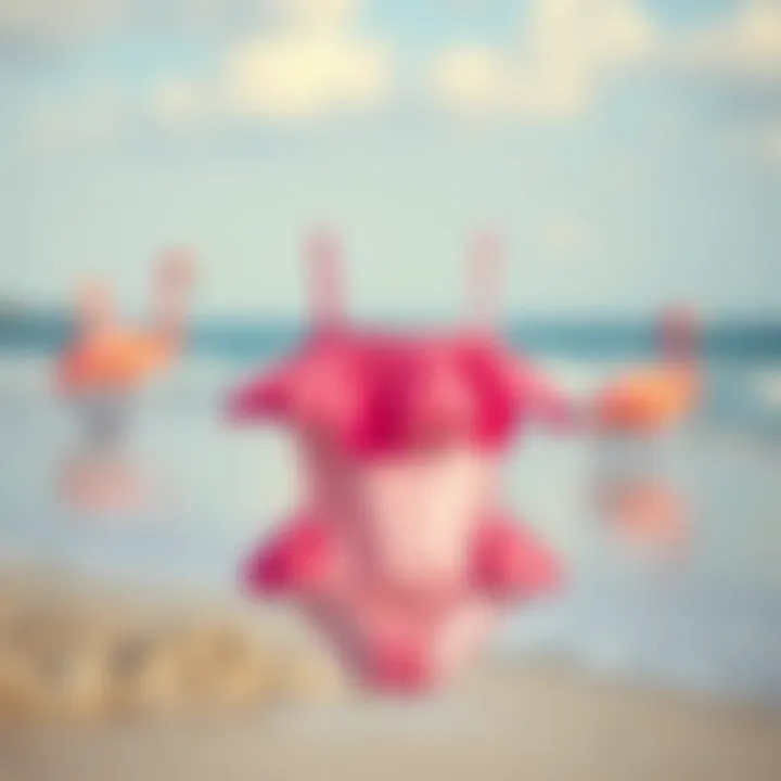 Vibrant Infant Flamingo Bathing Suit on the Beach Vibrant infant flamingo bathing suit displayed on a beach