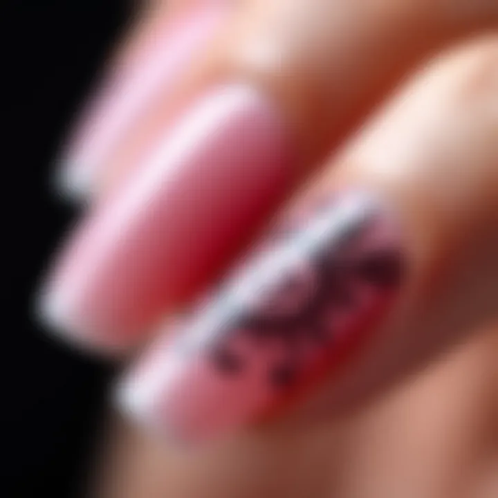 Close-up of a well-manicured nail featuring an intricate design using polish strips.