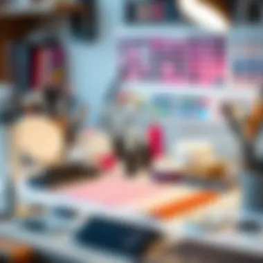 An organized workspace displaying nail polish strips and application tools.