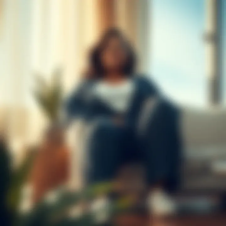 A relaxed setting featuring a model in plus size scrunch pants