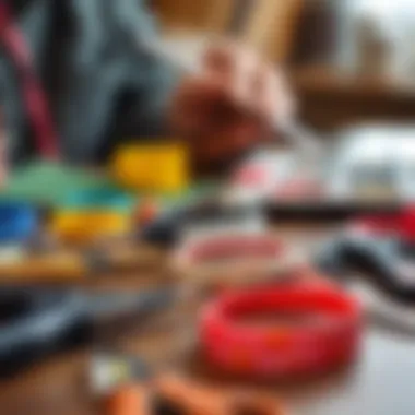 A close-up view of a hands-on crafting session with rubber bracelet kits featuring various tools.