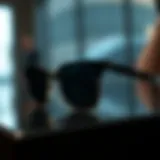 Stylish square rimless sunglasses on display