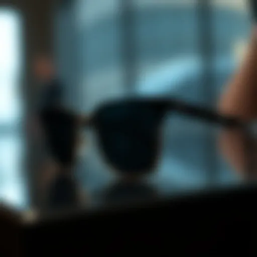 Stylish square rimless sunglasses on display