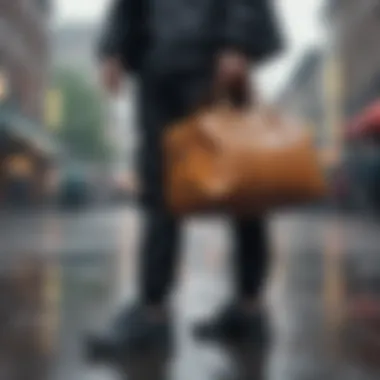 An outdoor enthusiast using a gym bag with a waterproof compartment on a rainy day.