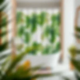 A beautifully styled bathroom featuring a palm print shower curtain and tropical decor