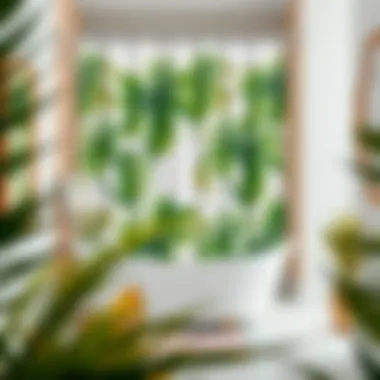 A beautifully styled bathroom featuring a palm print shower curtain and tropical decor