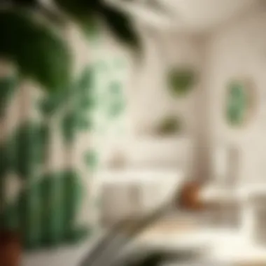 A serene bathroom ambiance created by natural light and palm print elements