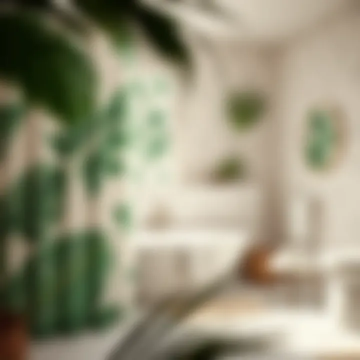 A serene bathroom ambiance created by natural light and palm print elements