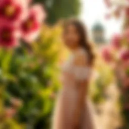 Elegant off the shoulder dress showcased in a sunlit garden