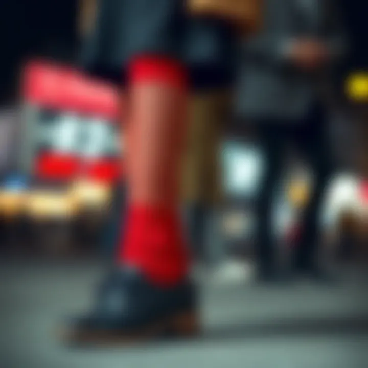 Fashion ensemble featuring red fish net socks paired with stylish footwear