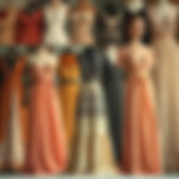 Collage of various vintage long dresses from different eras