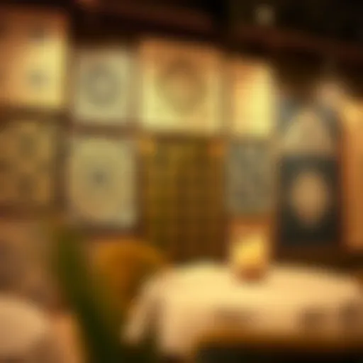 An elegant display of vintage textile wall art showcasing intricate patterns.